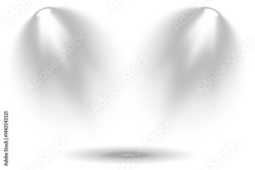 Bright spotlights shine down, forming focused light circles. Stage lighting creates dramatic beams in concert visuals. Overlay effects simulate professional studio illumination. Row of spotlights