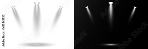 Bright spotlights shine down, forming focused light circles. Stage lighting creates dramatic beams in concert visuals. Overlay effects simulate professional studio illumination. Row of spotlights