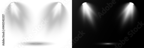 Bright spotlights shine down, forming focused light circles. Stage lighting creates dramatic beams in concert visuals. Overlay effects simulate professional studio illumination. Row of spotlights