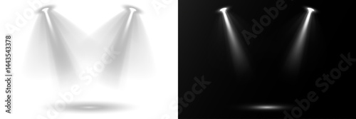 Concert spotlight glows brightly with sharp focused beam. Studio lighting radiates softly in controlled radial arcs. Scene lights simulate professional entertainment environments. Light beams