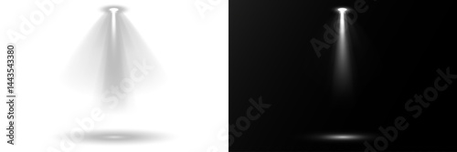 Bright spotlights shine down, forming focused light circles. Stage lighting creates dramatic beams in concert visuals. Overlay effects simulate professional studio illumination. Row of spotlights