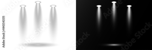 Scene lights simulate professional entertainment environments. Light beams cross on stage, creating dynamic overlays. Spotlight effects add depth to digital illustrations. Vector elements