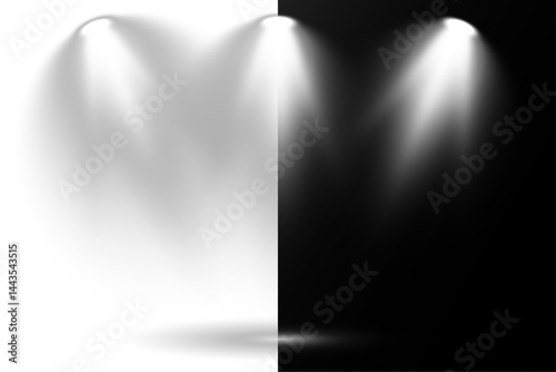 Concert spotlight glows brightly with sharp focused beam. Studio lighting radiates softly in controlled radial arcs. Scene lights simulate professional entertainment environments. Light beams