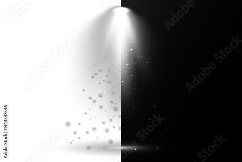 Concert spotlight glows brightly with sharp focused beam. Studio lighting radiates softly in controlled radial arcs. Scene lights simulate professional entertainment environments. Light beams