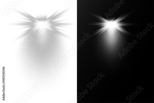Concert spotlight glows brightly with sharp focused beam. Studio lighting radiates softly in controlled radial arcs. Scene lights simulate professional entertainment environments. Light beams