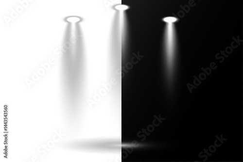 Concert spotlight glows brightly with sharp focused beam. Studio lighting radiates softly in controlled radial arcs. Scene lights simulate professional entertainment environments. Light beams