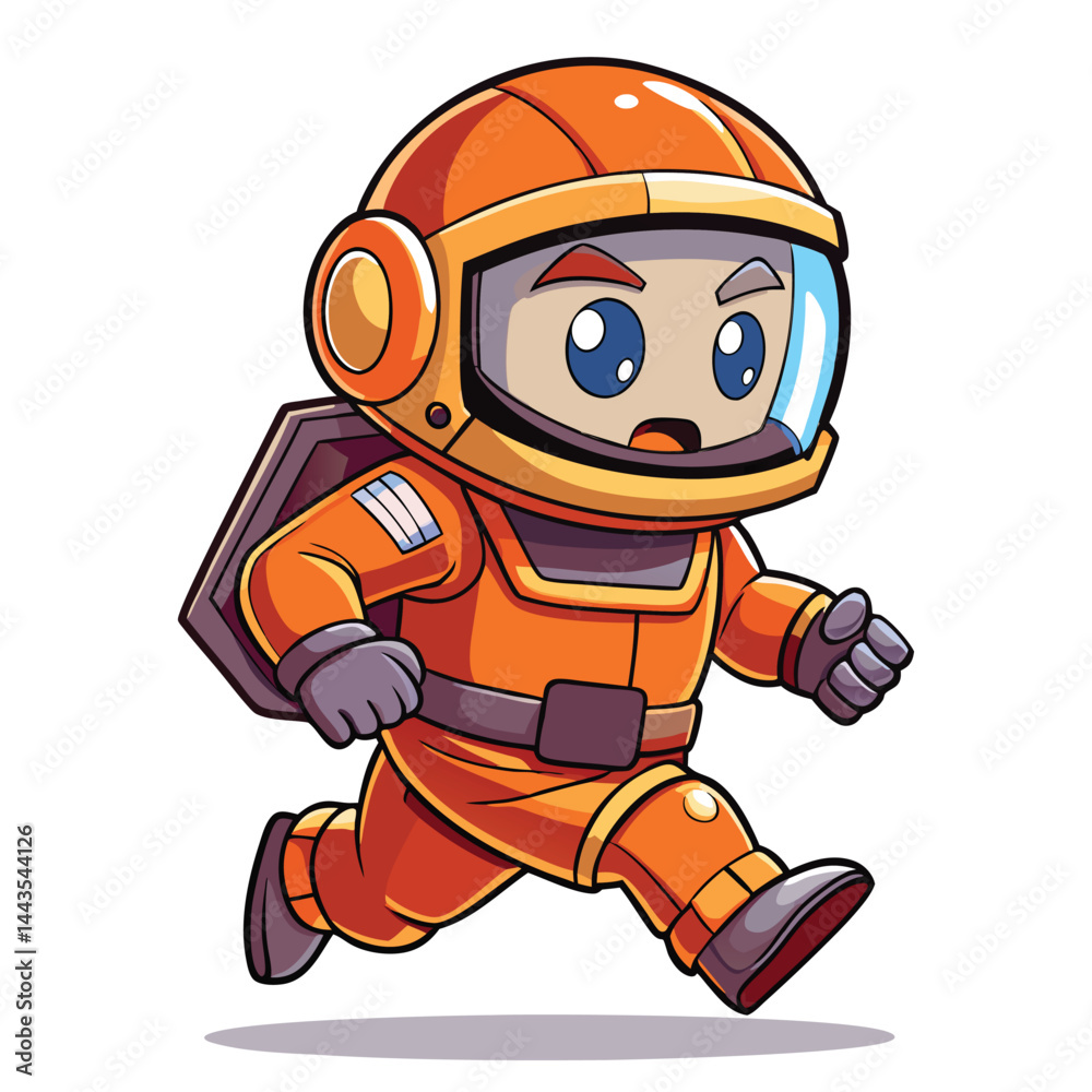 Funny space explorer character in orange suit for kids Funny space explorer character in orange suit for kids