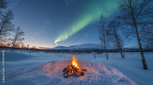 Campfire glows under arctic aurora borealis winter landscape