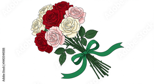 Hand-drawn illustration of rose bouquet tied with ribbon with copy space