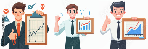 a man holding a chart board going up with a proud expression in flat design vector style