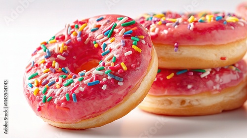 Colorful Frosted Donuts with Sprinkles on a Fresh White Background