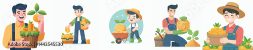 a man holding a growing coin plant style vector flat design