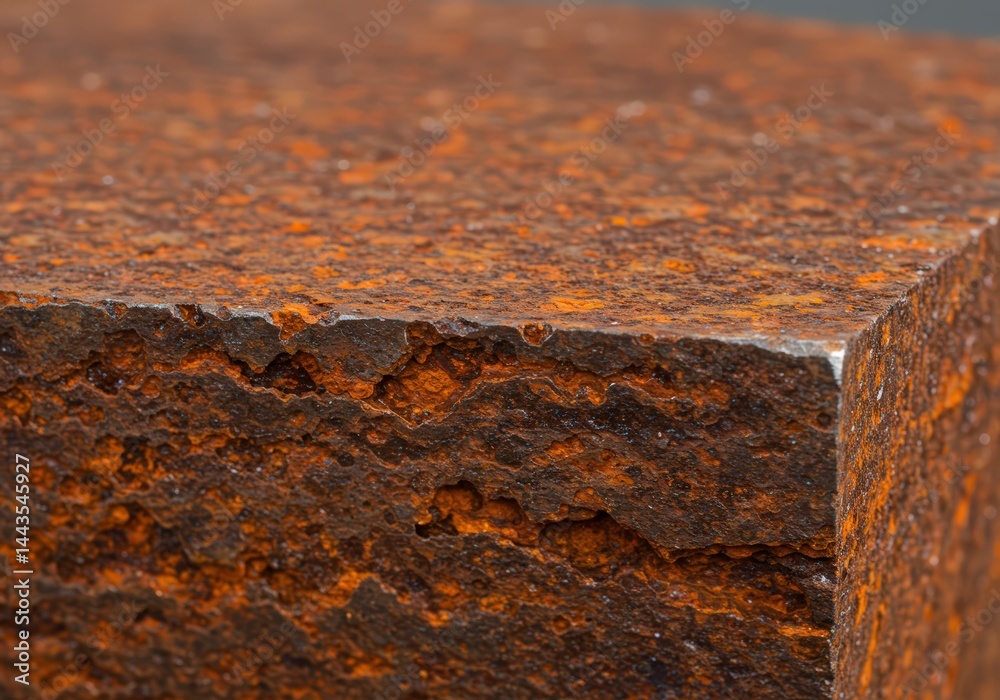 Close up studio shot of corrosion on metal surface for industrial design background use or abstract texture concept in material science imagery