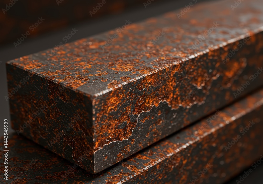 Close up abstract detail view of rust on metal bar surface. Concept of corrosion and decay process on ferrous material. Industrial damage background.