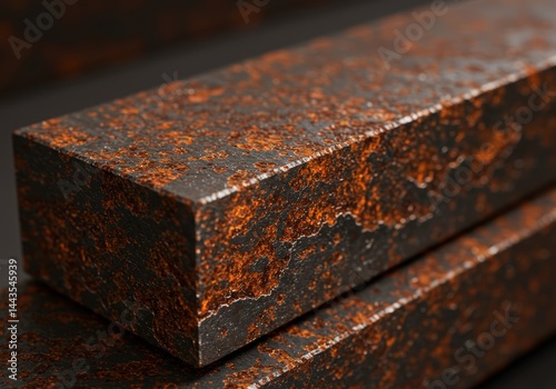 Obraz na płótnie Close up abstract detail view of rust on metal bar surface. Concept of corrosion and decay process on ferrous material. Industrial damage background. w salonie