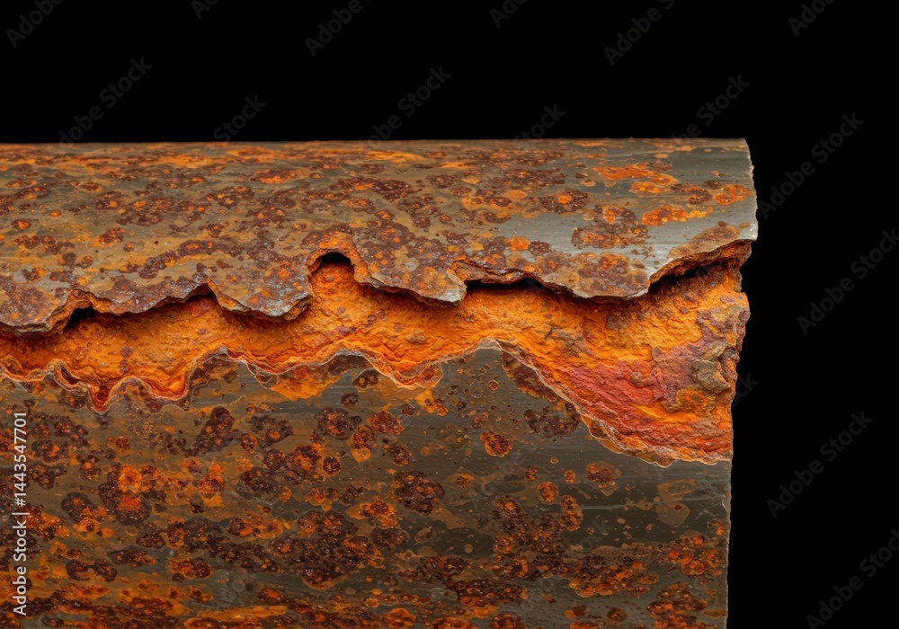 Close up of corroded metal pipe surface revealing rough orange texture from rust and degradation for concept of material decay and industrial wear.