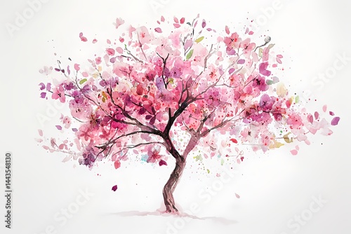 Blossoming Cherry Tree: A breathtaking watercolor illustration showcases a flowering cherry tree in full bloom, its branches adorned with delicate pink blossoms and graceful leaves.