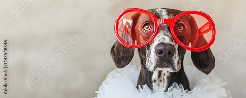 Pointer dog wearing red glasses and white tutu collar