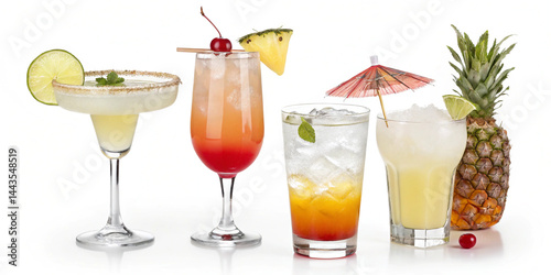 tropical cocktail paradise: tequila sunrise & malibu bay breeze isolated on white background.