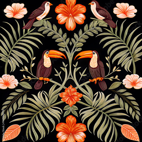 A vibrant and distinctive tropical pattern characterized by luxuriant palm leaves, exotic blossoms, and foliage.