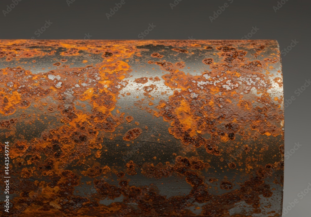 Close up of dark metal surface with severe orange rust corrosion. Concept of degradation and need maintenance. Abstract industrial texture background example.