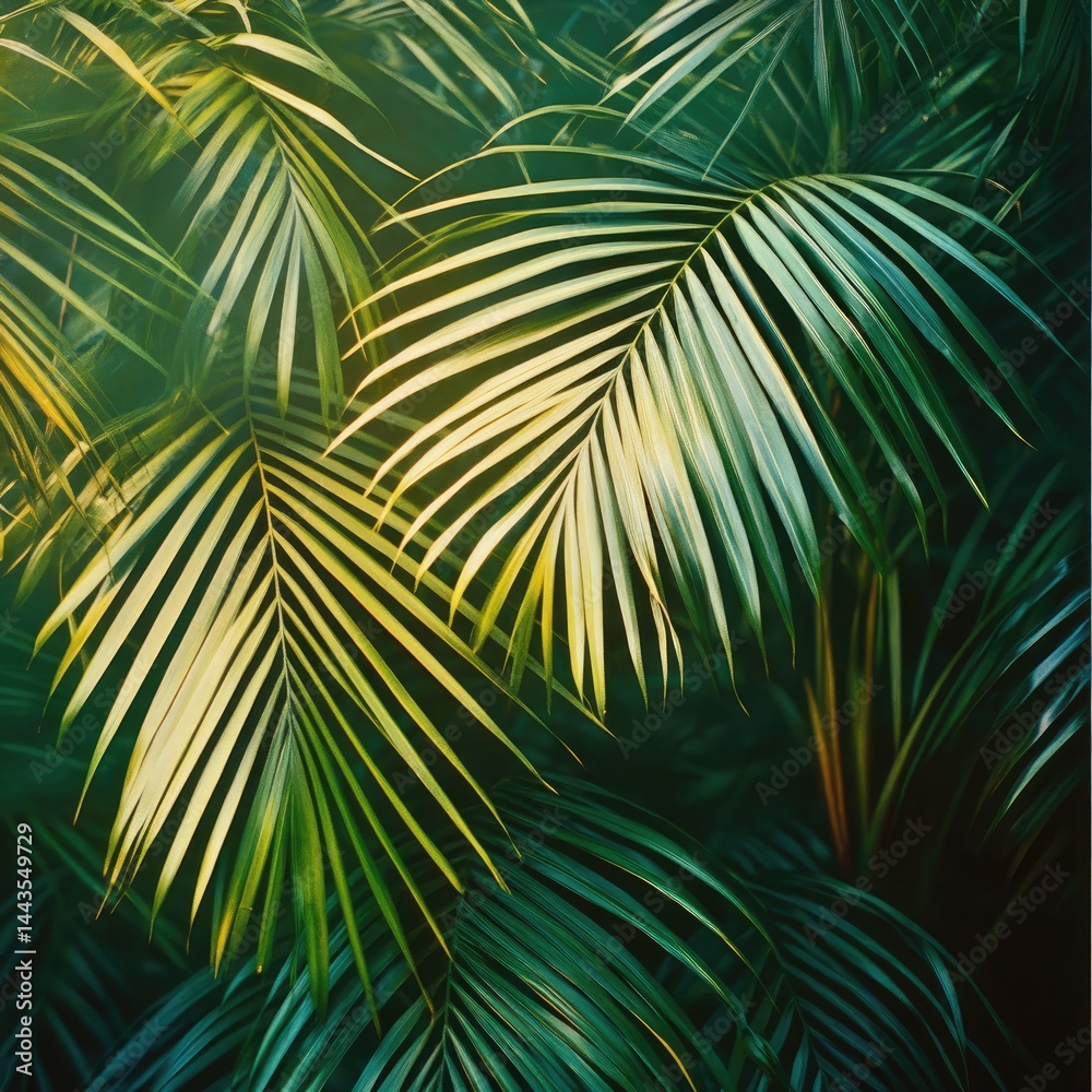 Fototapeta premium Green palm tree leaves create a vibrant tropical background, perfect for a summer beach travel image