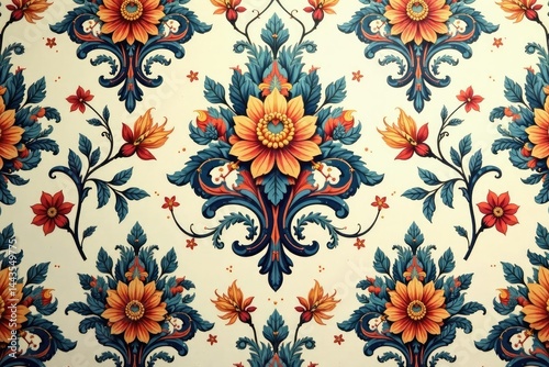 Intricate floral damask pattern in muted tones, retro, graphics, vintage