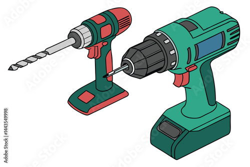 63 Power tools, vibrant colors, flat lay, screwdriver, electric drill, 3D render, product photography, red handle, green body, blue grip, industrial design, DIY equipment, home improvement, close-up, 