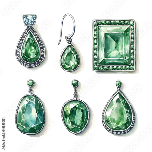 illustration of Set Of Emerald-studded Earrings In Vintage Style, watercolor vector, isolated on a white background.