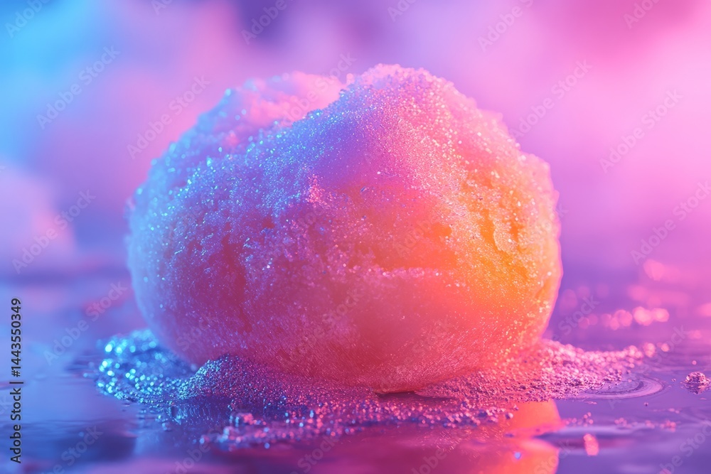 Colorful dessert sits on reflective surface creating a vibrant display under soft neon lights