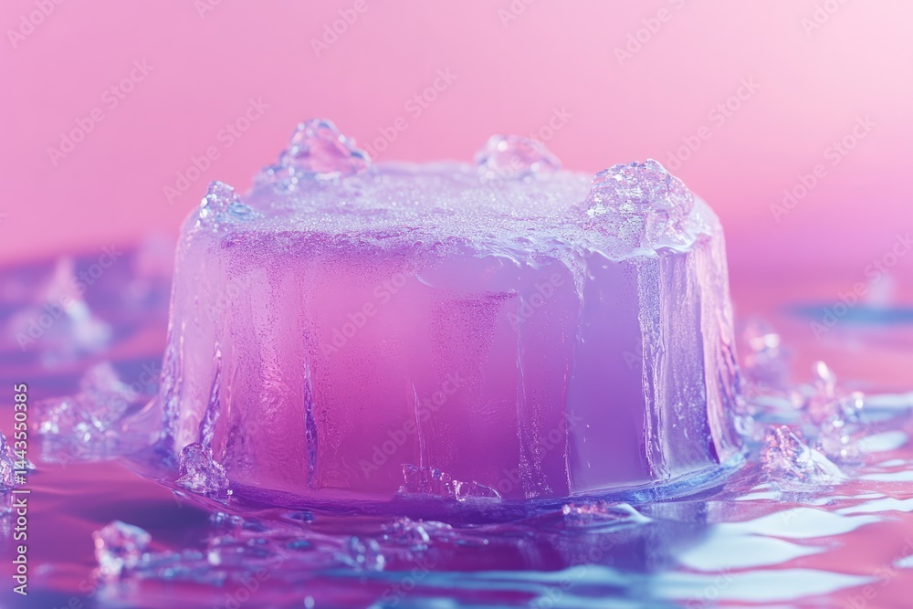 Colorful ice block with melting edges displayed on a reflective surface against a pink background