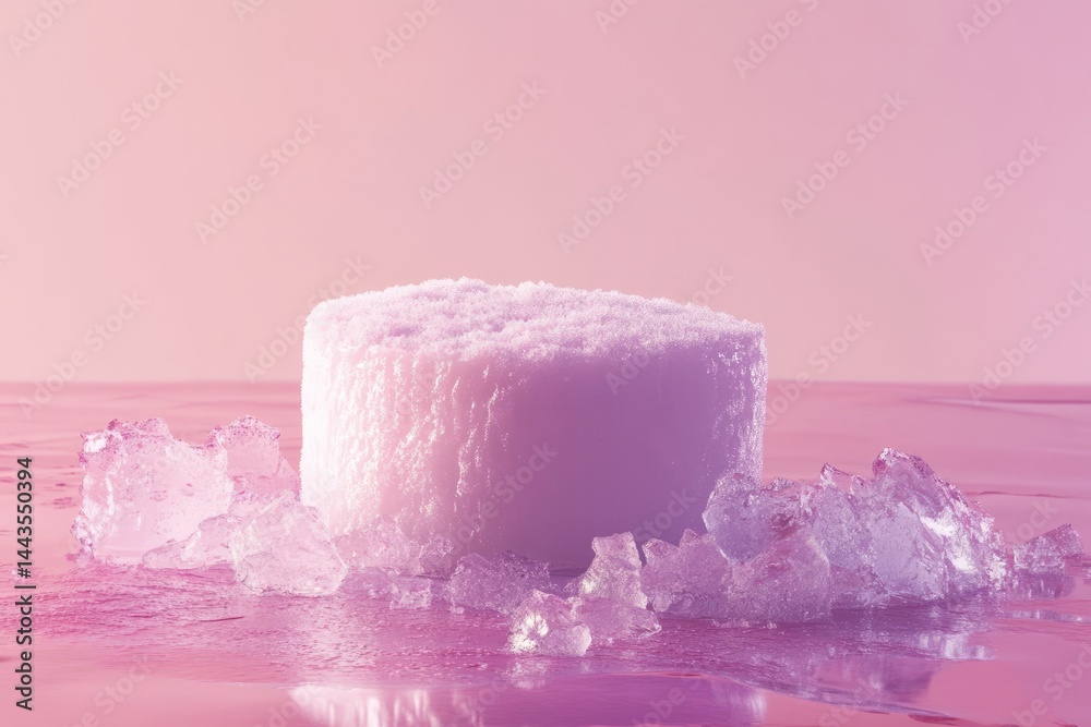 Frozen cylindrical structure surrounded by ice crystals on a pink reflective surface