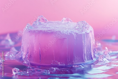 Obraz na płótnie Colorful ice block with melting edges displayed on a reflective surface against a pink background w salonie
