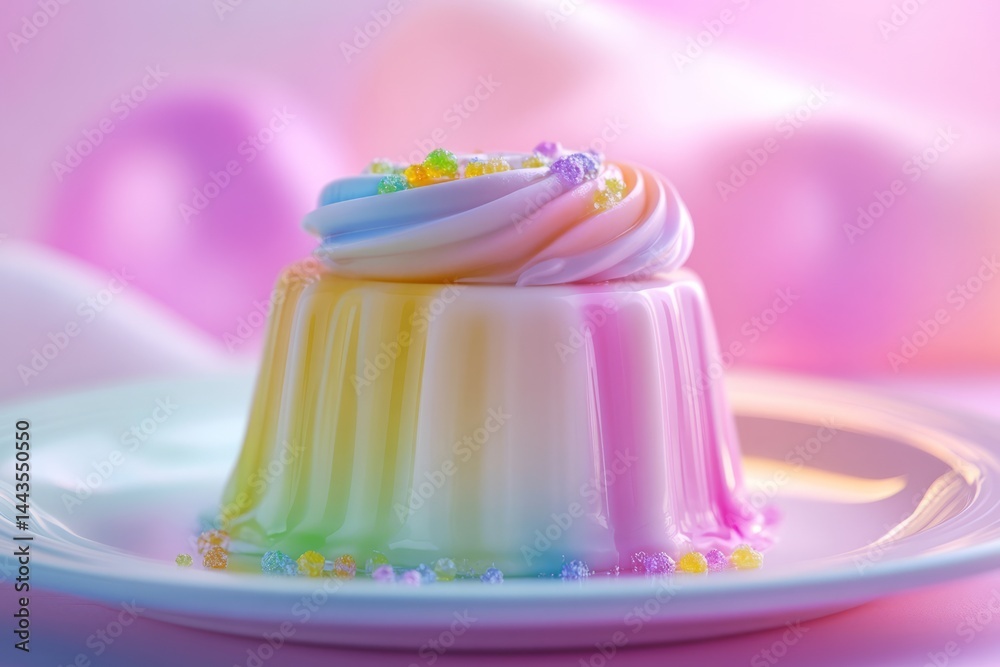 Colorful dessert with pastel swirls served on a white plate against a soft pink background