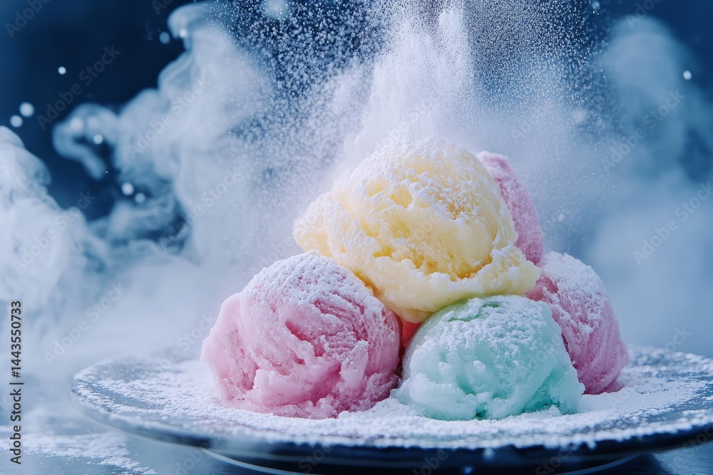 Colorful ice cream scoops topped with powdered sugar and a misty background in a dessert setting