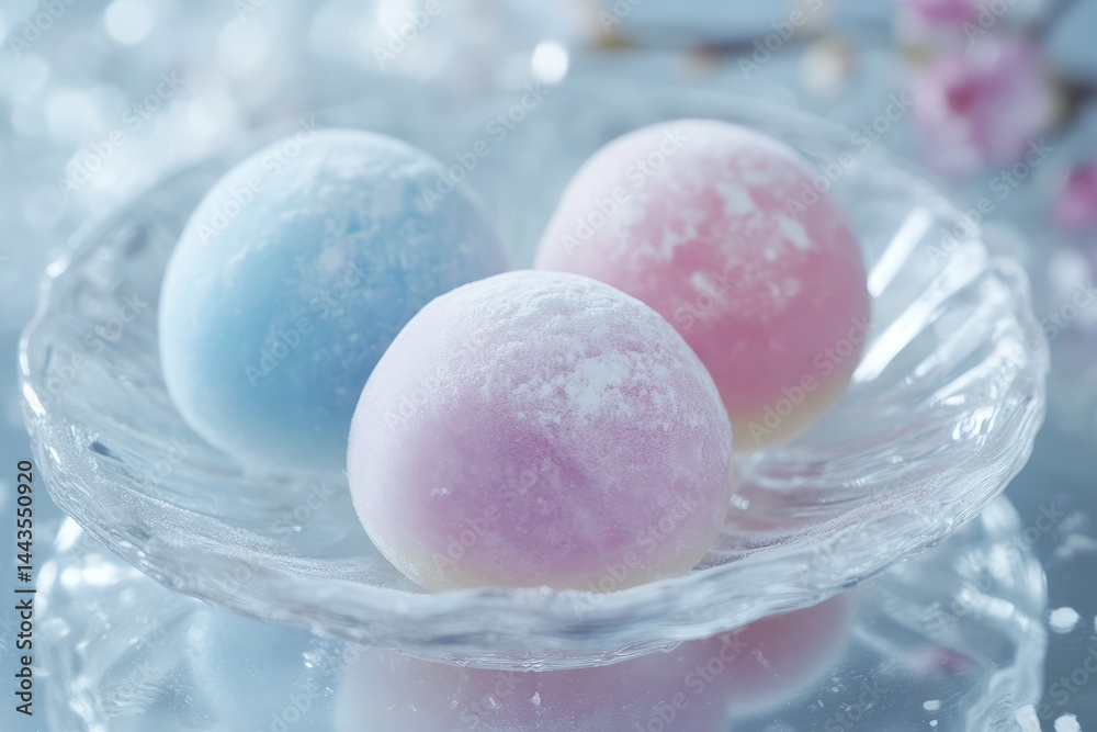 Delicate pastel mochi balls arranged elegantly in a crystal dish with subtle floral accents