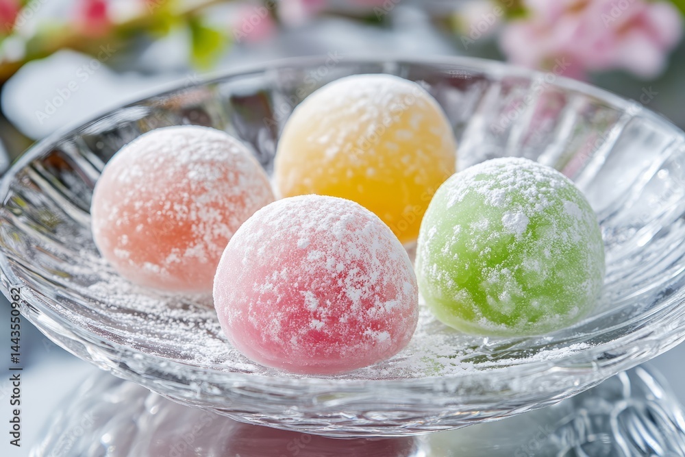 Colorful mochi dessert displayed on a glass plate with a blurred background of cherry blossoms in springtime