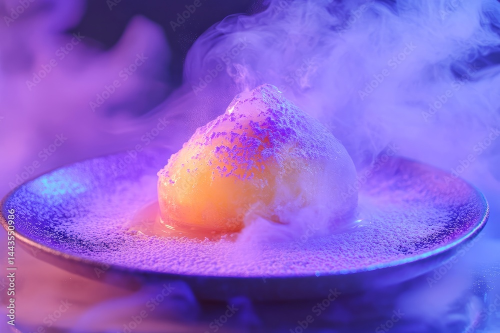 Delicate dessert showcased with vibrant smoke and colorful lighting in a modern dining setting