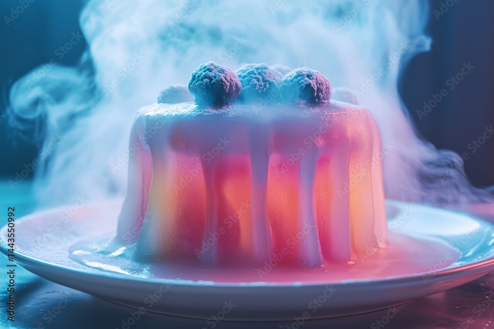 Colorful dessert creation with smoke effects served on a plate at a modern dining setting