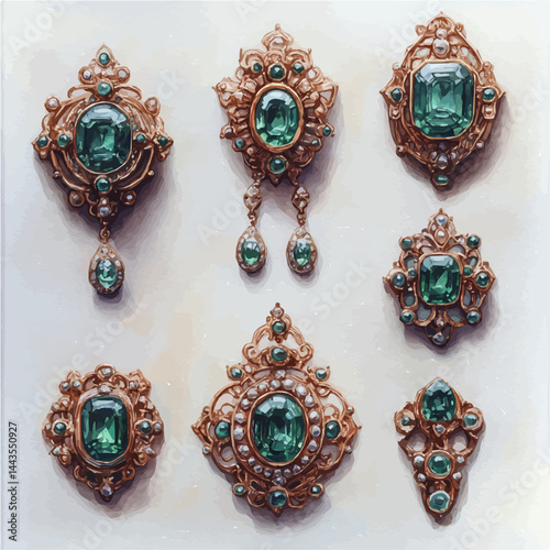 watercolor of Set Of Emerald-studded Earrings In Vintage Style, vector, isolated on a white background.