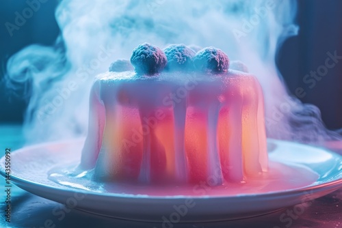 Obraz na płótnie Colorful dessert creation with smoke effects served on a plate at a modern dining setting w salonie
