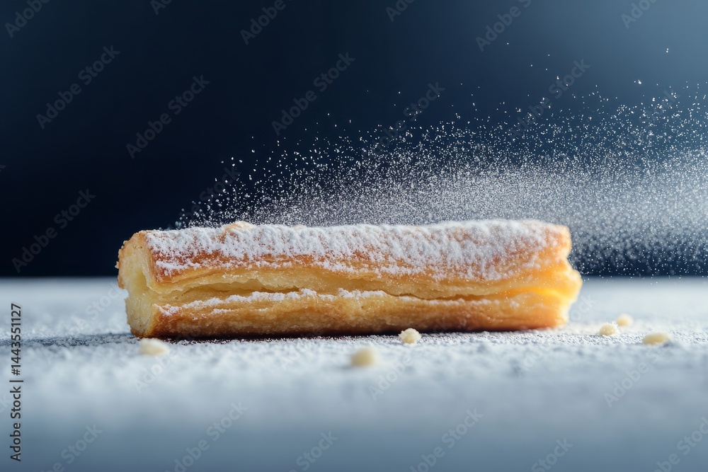 Sweet pastry dusted with powdered sugar resting on a textured surface in a dimly lit setting