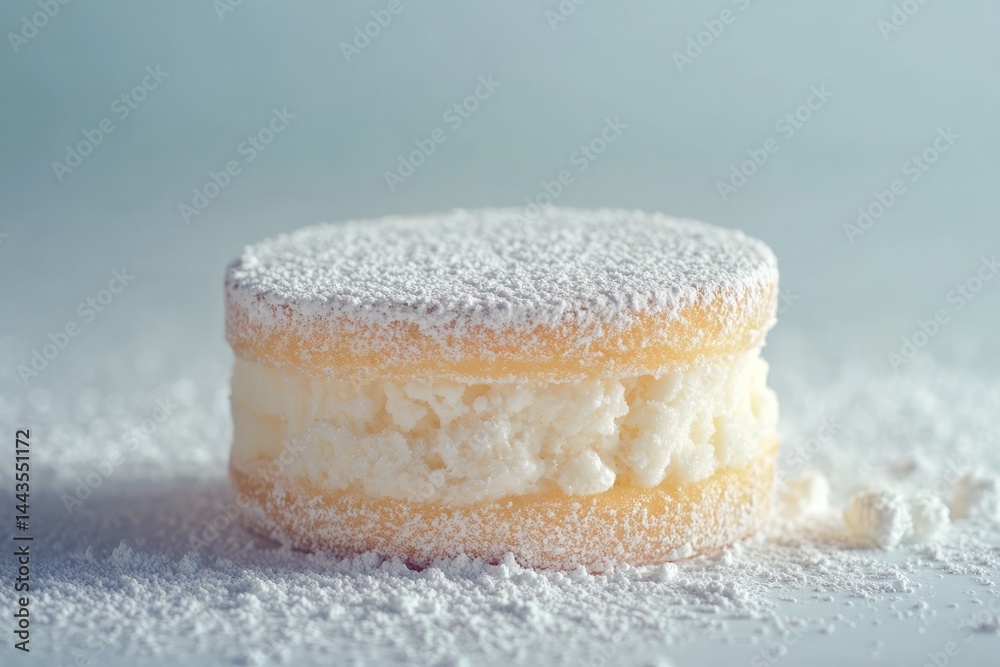 Delicate dessert with creamy filling dusted with powdered sugar on a light background