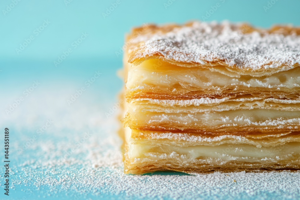 Delicious pastry layered with cream and dusted with powdered sugar on a pastel blue background
