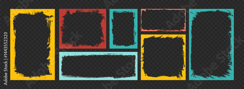 Grunge frames set. Abstract textured borders with rough brush strokes for photo collage, stories and social network. Hand drawn vector illustration collection