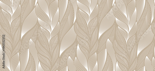 Luxury leaf seamless pattern. Repeating golden ornament with leaves and plant branches and shiny lines. Elegant design element for wallpaper. Abstract vector illustration