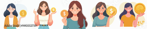 a young woman smiling holding a big coin in her hand vector flat design style