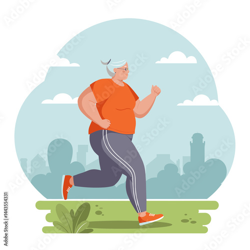 Elder plus size woman running in a park against a city background  
