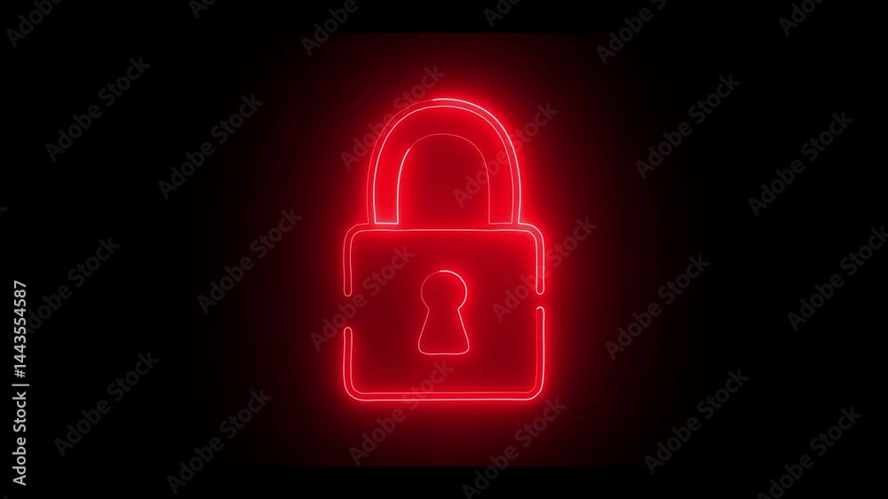 Neon closed lock icon. Glowing neon lock sign, outline padlock silhouette in vivid colors. Personal data protection, cyber security, reliable storage of information.