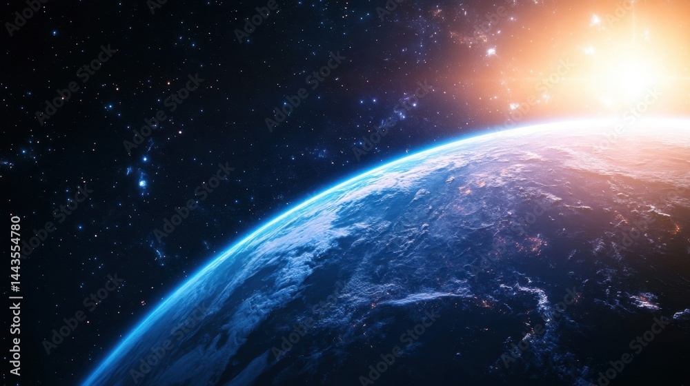 Obraz premium A Stunning View of Earth from Space with Bright Sunrise Glowing in Background, Emphasizing Nature’s Beauty and Wonder.